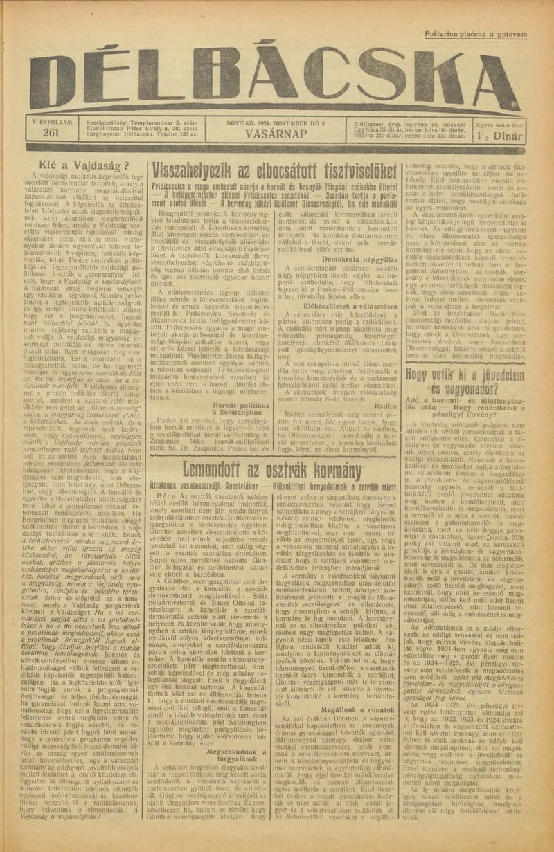 Délbácska, 5. évf. 1924. november 9. 261. sz.