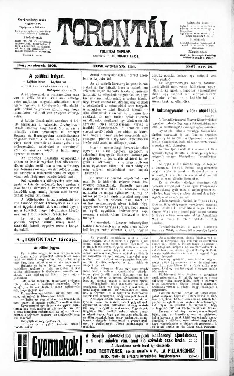 Torontál, 37. évf. 1908. november 30. 275. sz.