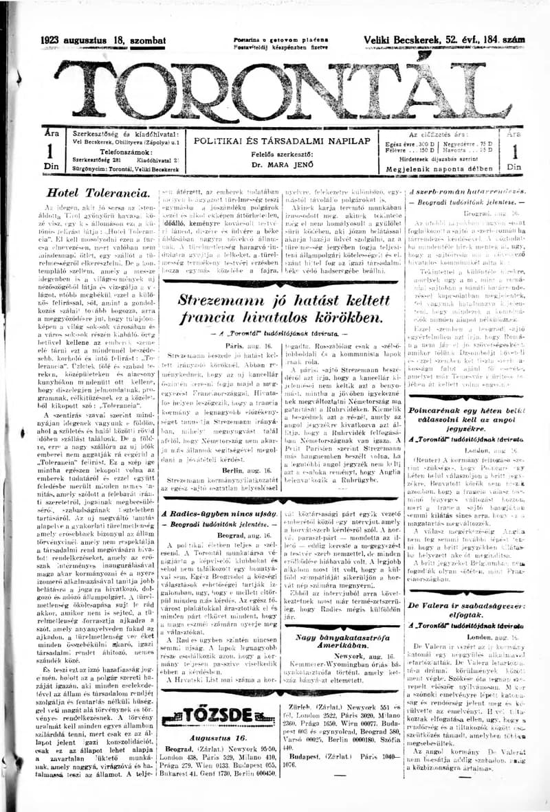Torontál, 52. évf. 1923. augusztus 18. 184. sz.