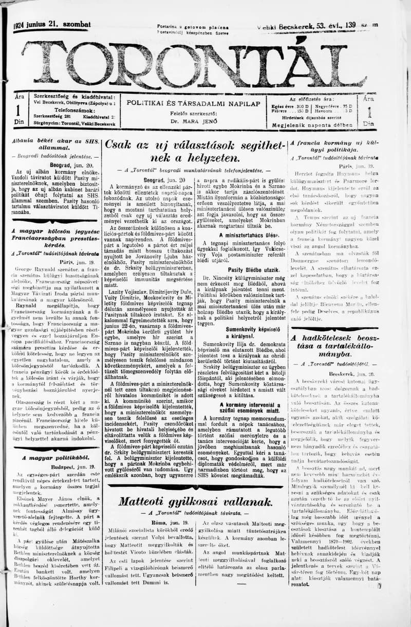 Torontál 1924. június 21. 139. sz.