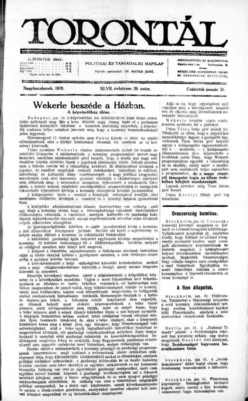 Torontál, 47. évf. 1918. január 31. 26. sz.