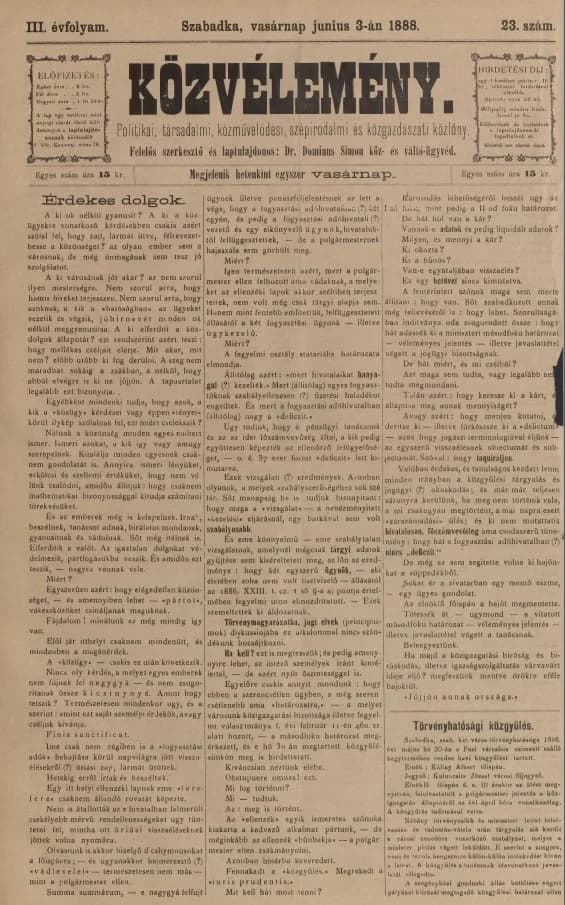 Közvélemény, 3. évf. 1888. június 3. 23. sz.