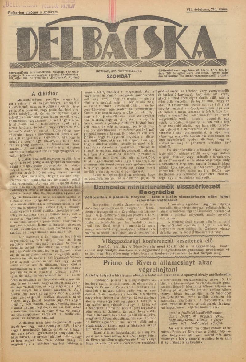 Délbácska, 7. évf. 1926. szeptember 18. 216. sz.