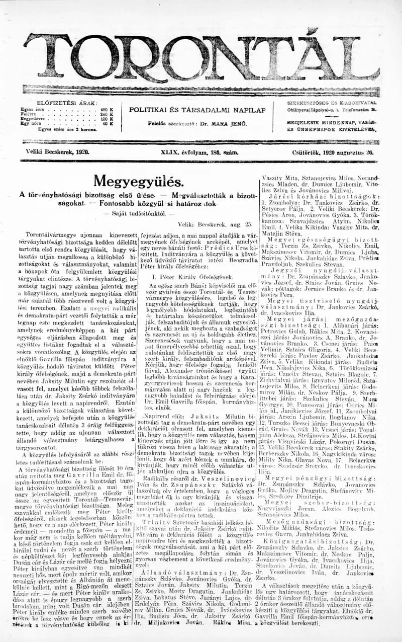 Torontál, 49. évf. 1920. augusztus 26. 186. sz.