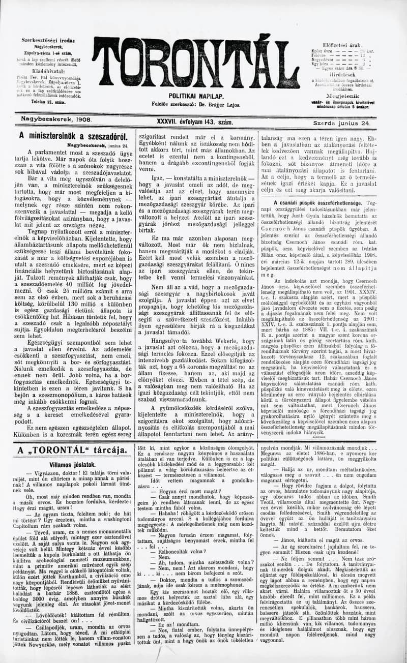 Torontál, 37. évf. 1908. június 24. 143. sz.