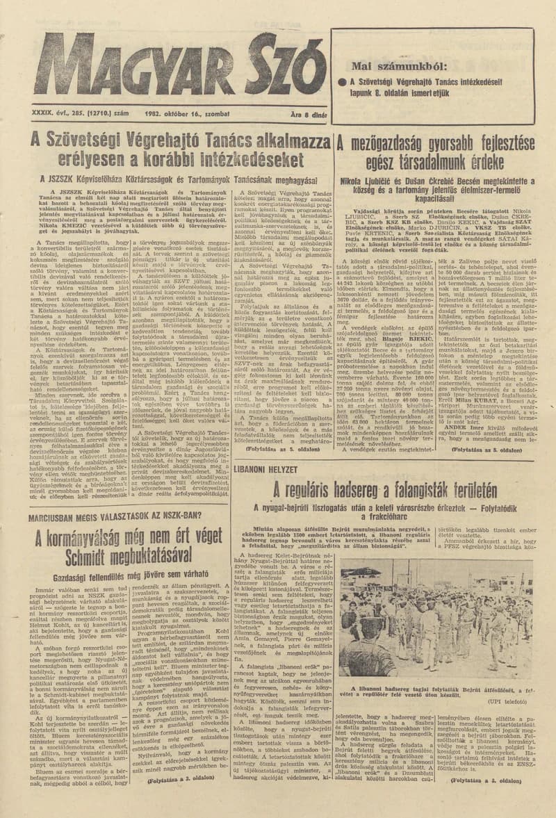 Magyar Szó, 39. évf. 1982. október 16. 285. sz. 1–24. oldal