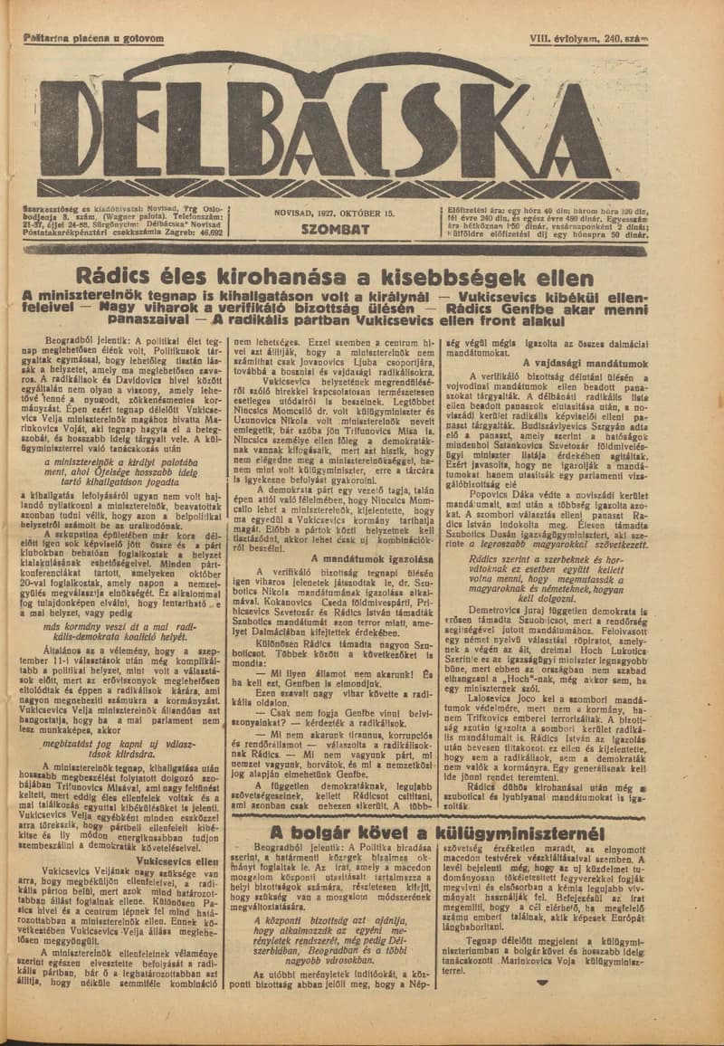 Délbácska, 8. évf. 1927. október 15. 240. sz.
