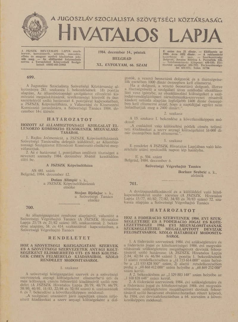 A Jugoszláv Szocialista Szövetségi Köztársaság Hivatalos Lapja, 40. évf. 1984. december 14. 66. sz. 1433–1452. oldal