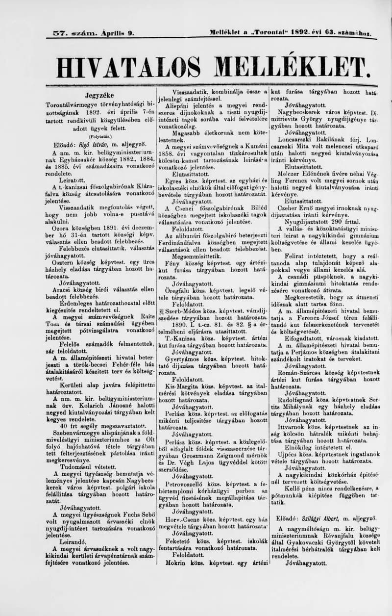 A Totontál  hivatalos melléklete, 5. évf. 1892. április 9. 57. sz.