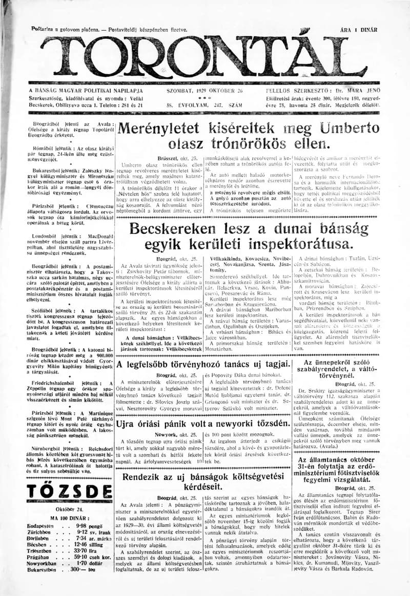 Torontál, 58. évf. 1929. október 26. 247. sz.
