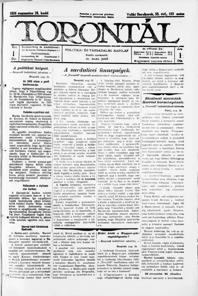 Torontál, 53. évf. 1924. augusztus 26. 193. sz.