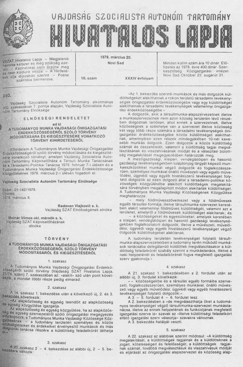 Vajdaság Szocialista Autonóm Tartomány Hivatalos Lapja, 34. évf. 1978. március 20. 10. sz. 349–380. oldal