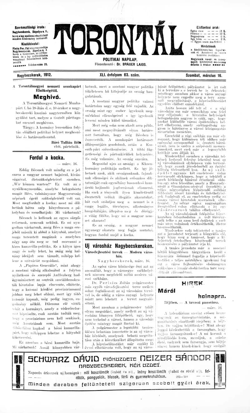 Torontál, 41. évf. 1912. március 16. 63. sz.