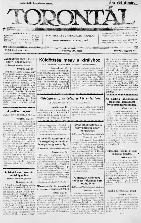 Torontál, 50. évf. 1921. augusztus 27. 186. sz.