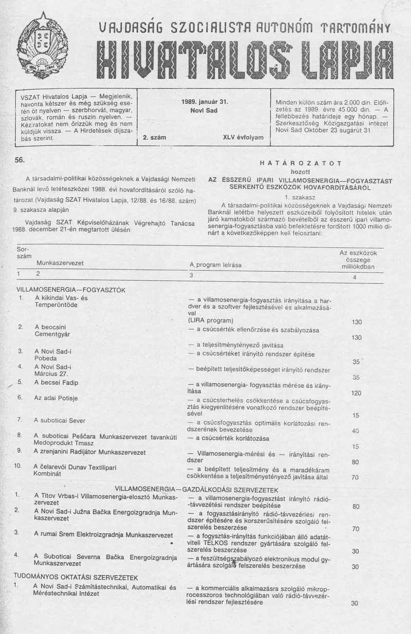 Vajdaság Szocialista Autonóm Tartomány Hivatalos Lapja, 45. évf. 1989. január 31. 2. sz.
