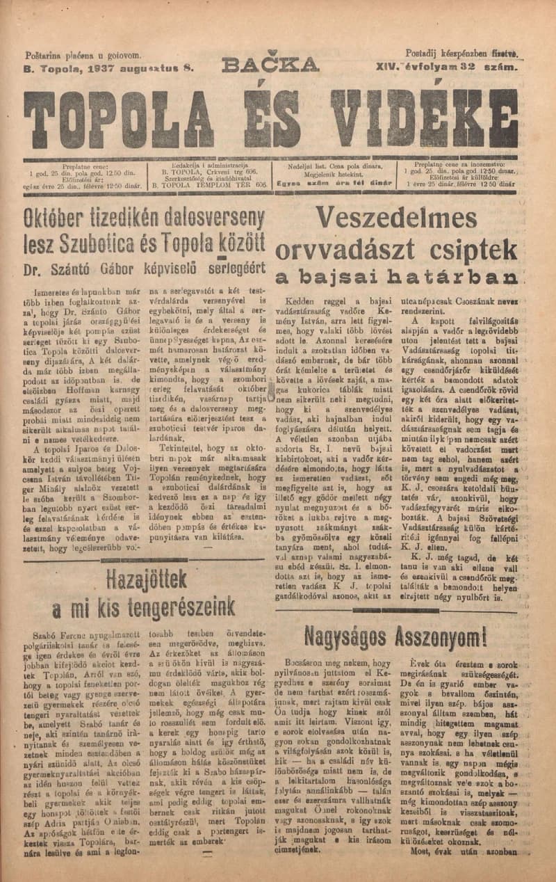 Bačka Topola és Vidéke, 14. évf. 1937. augusztus 8. 32. sz.