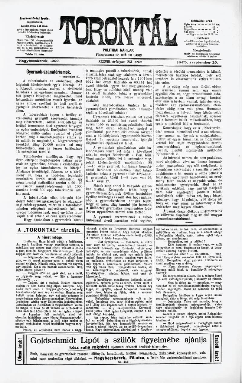 Torontál, 38. évf. 1909. szeptember 20. 213. sz.