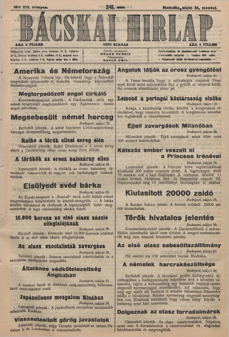 Bácskai Hirlap, 19. évf. 1915. május 29. 241. sz.