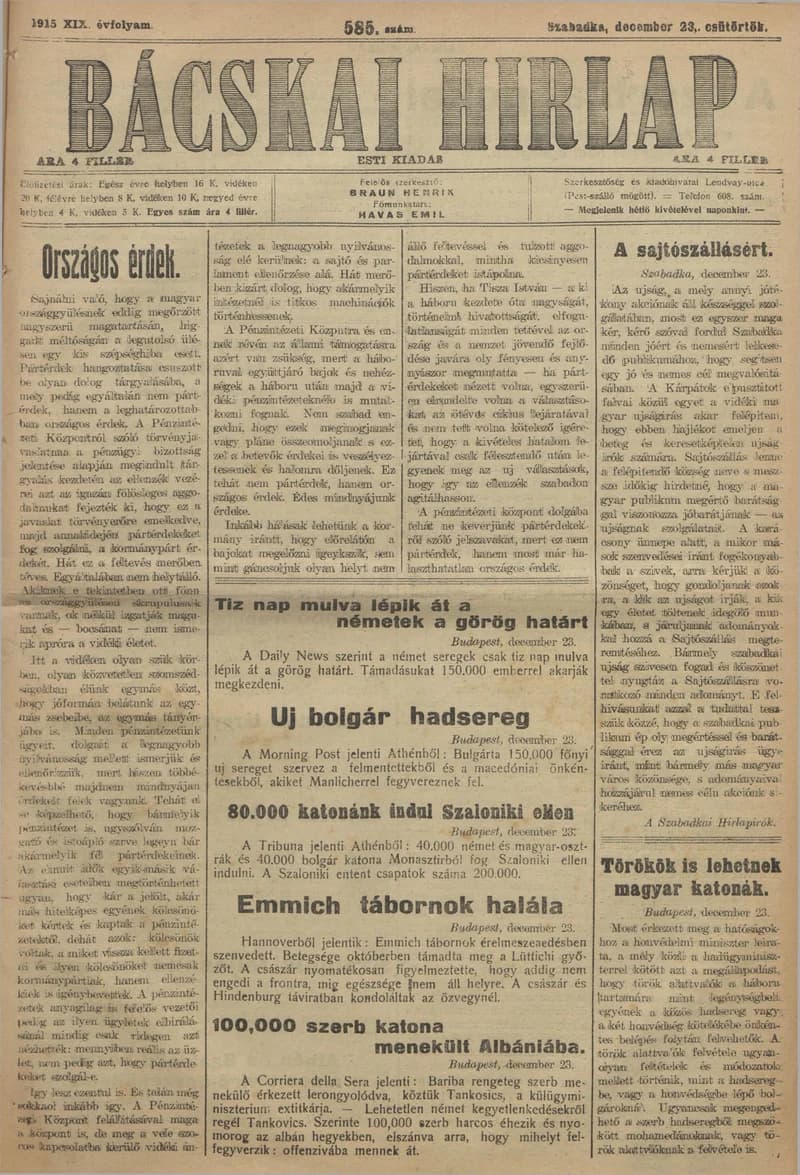 Bácskai Hirlap, 19. évf. 1915. december 23. 585. sz.