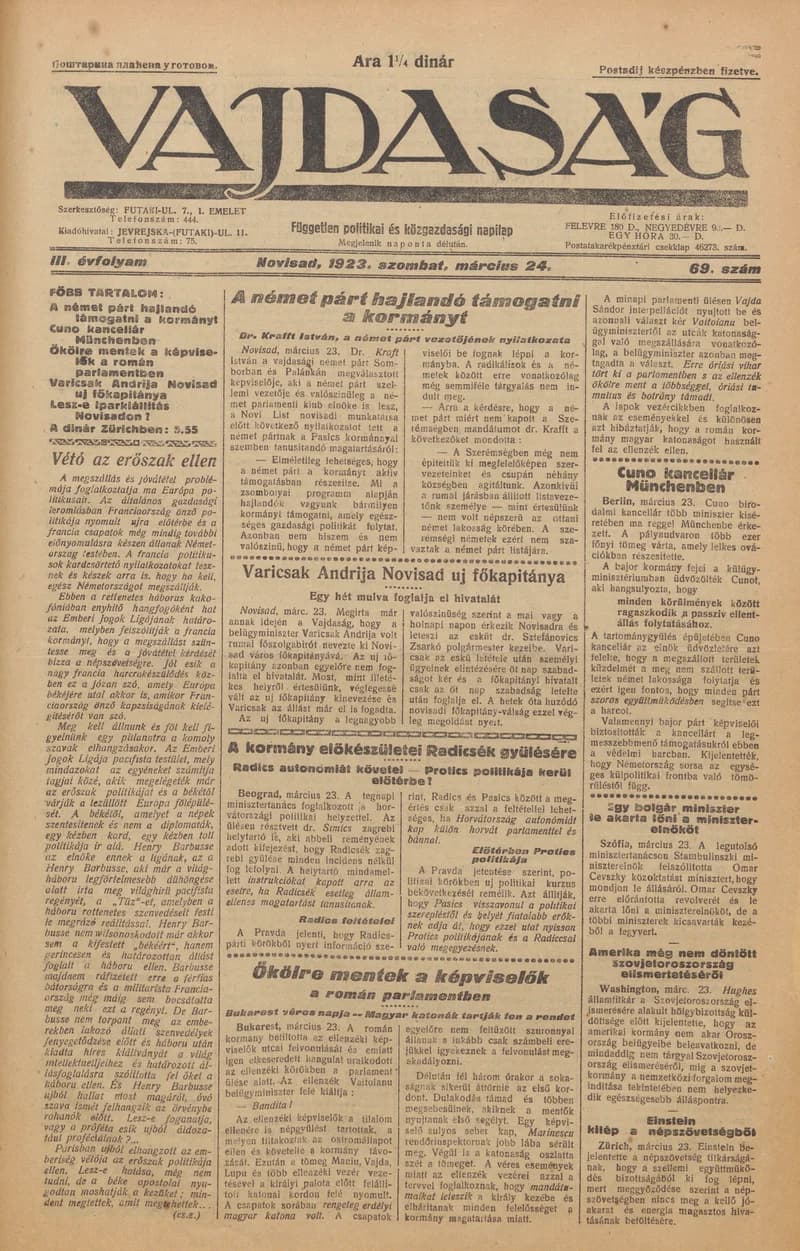 Vajdaság, 3. évf. 1923. március 24. 69. sz.