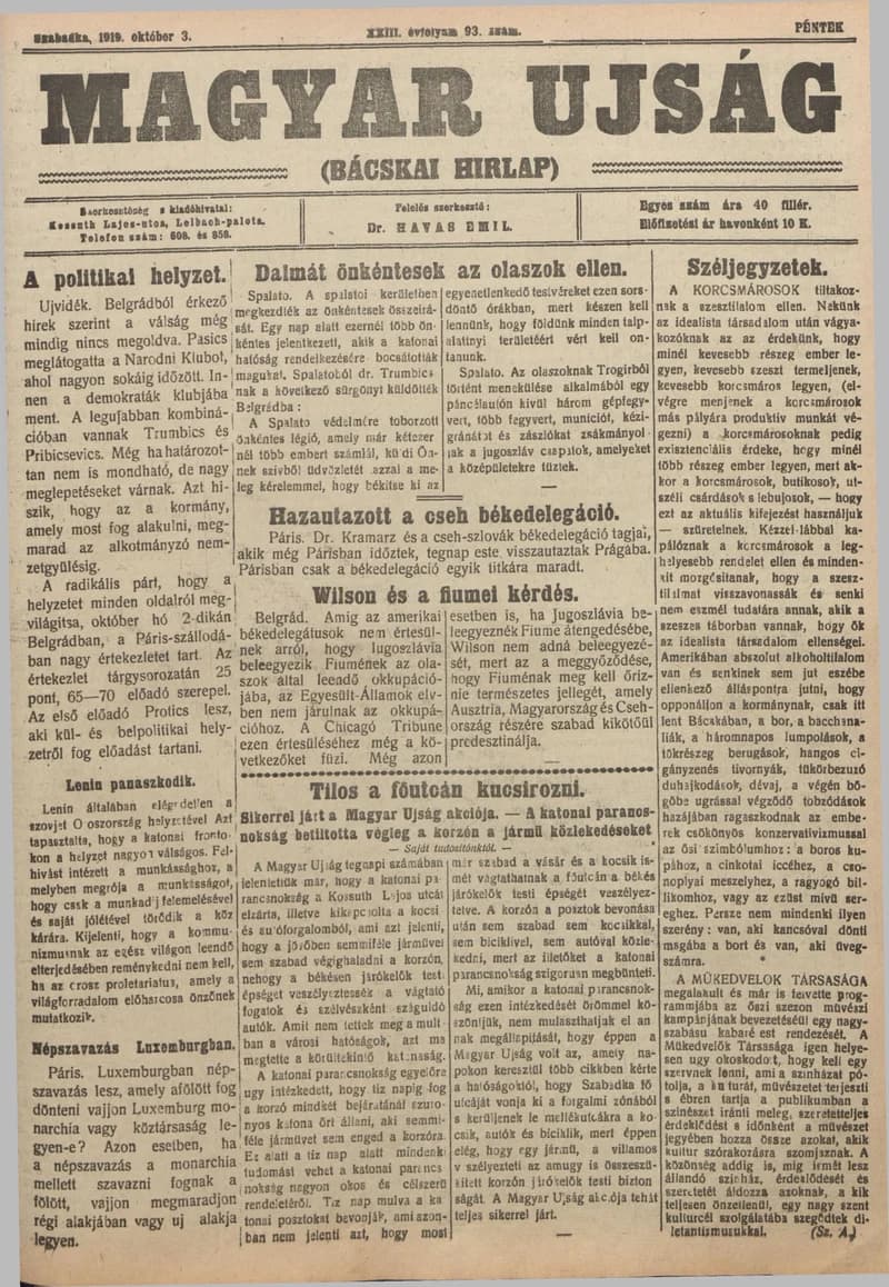Bácskai Hirlap, 23. évf. 1919. október 3. 93. sz.