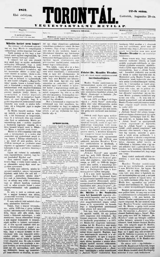 Torontál, 1. évf. 1872. augusztus 29. 22. sz.