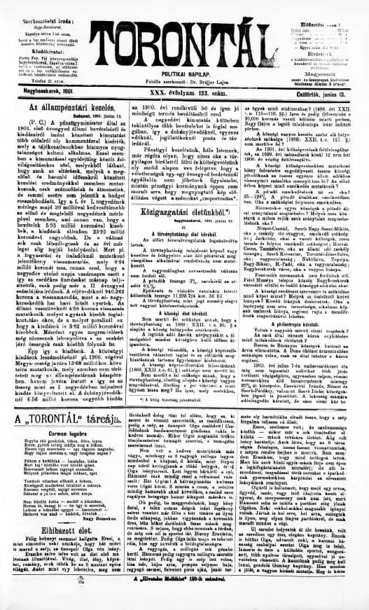 Torontál, 30. évf. 1901. június 13. 133. sz.