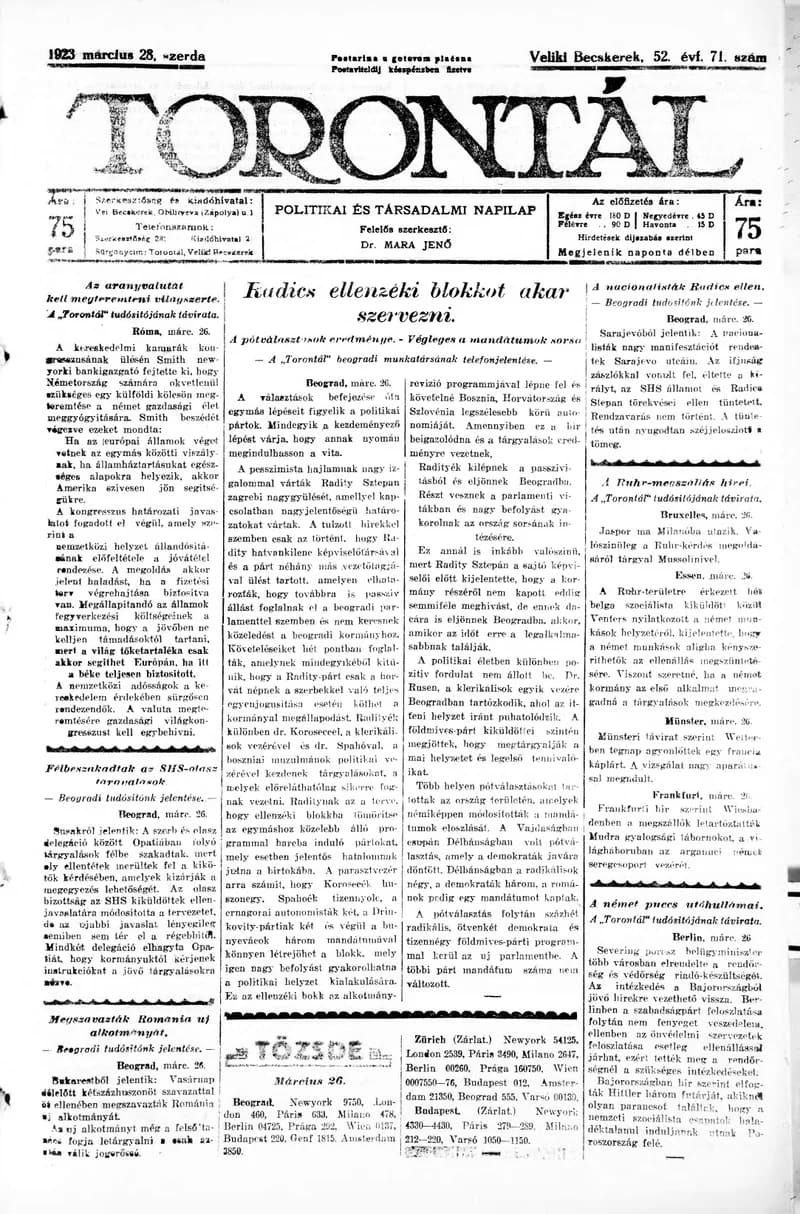 Torontál, 52. évf. 1923. március 28. 71. sz.