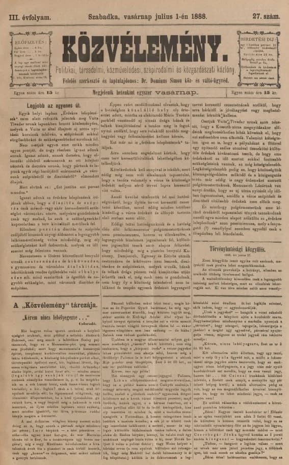 Közvélemény, 3. évf. 1888. július 1. 27. sz.