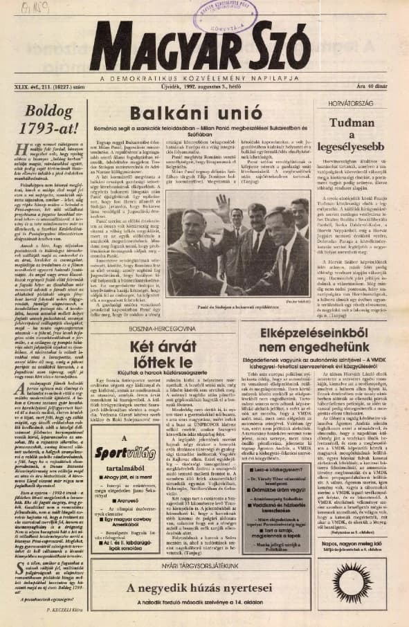 Magyar Szó, 49. évf. 1992. augusztus 3. 211. sz. 1–16. oldal
