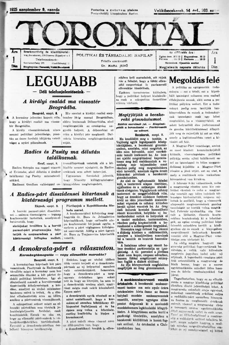 Torontál, 54. évf. 1925. szeptember 9. 203. sz.