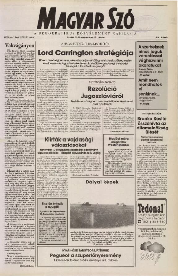 Magyar Szó, 48. évf. 1991. szeptember 27. 266. sz. 1–20. oldal