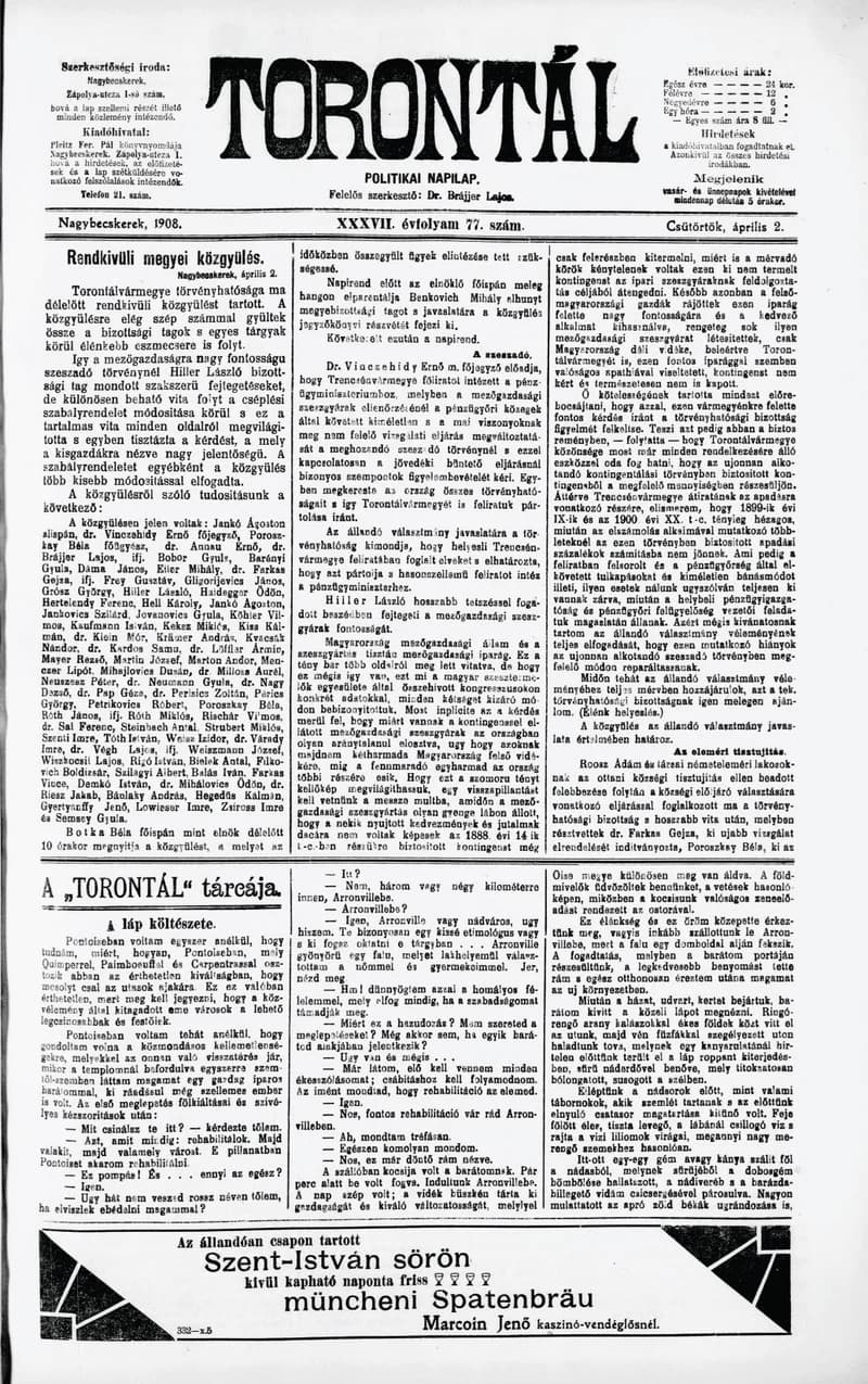 Torontál, 37. évf. 1908. április 2. 77. sz.