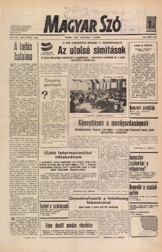 Magyar Szó, 46. évf. 1989. szeptember 1. 239. sz. 1–20. oldal