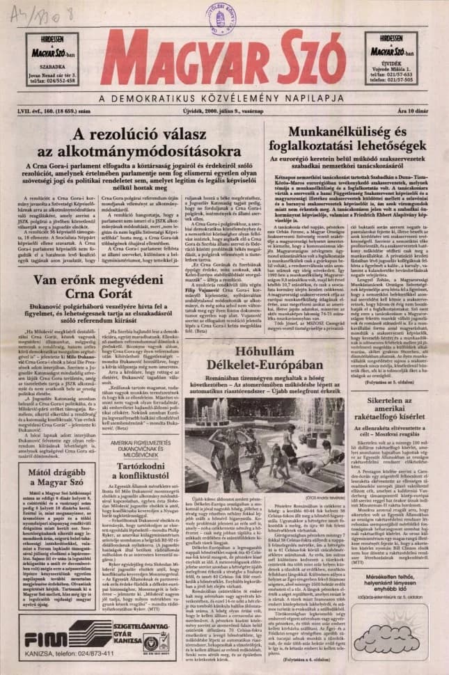 Magyar Szó, 57. évf. 2000. július 9. 160. sz. 1–24. oldal