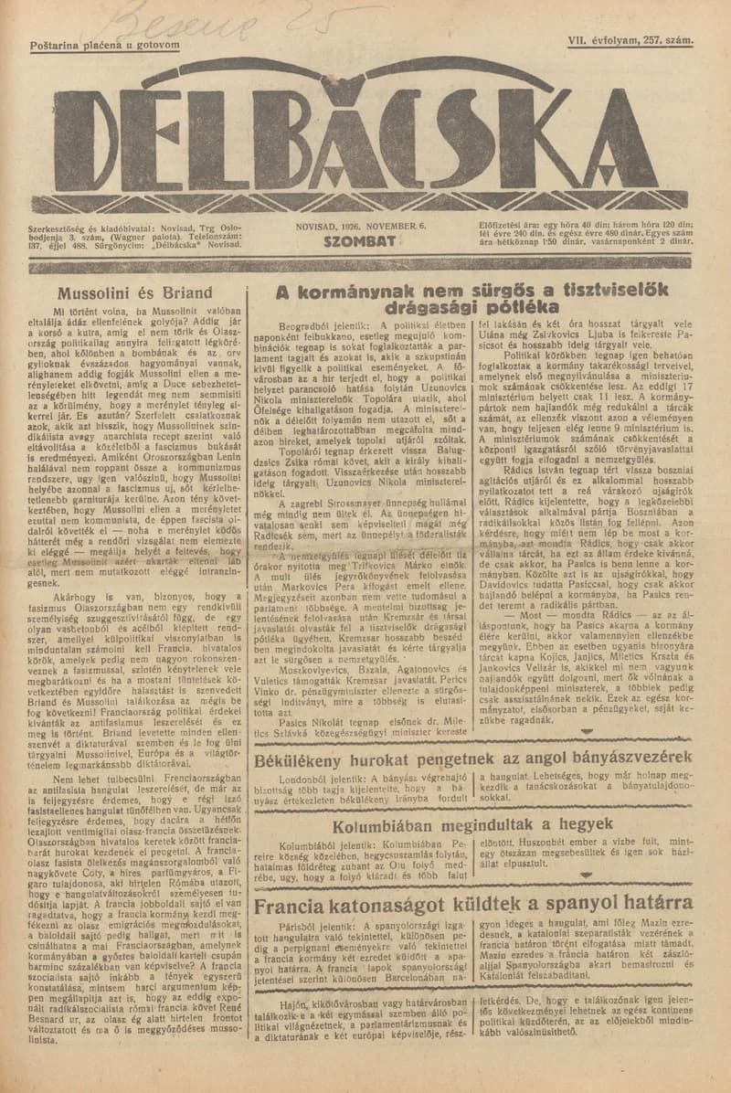 Délbácska, 7. évf. 1926. november 6. 257. sz.