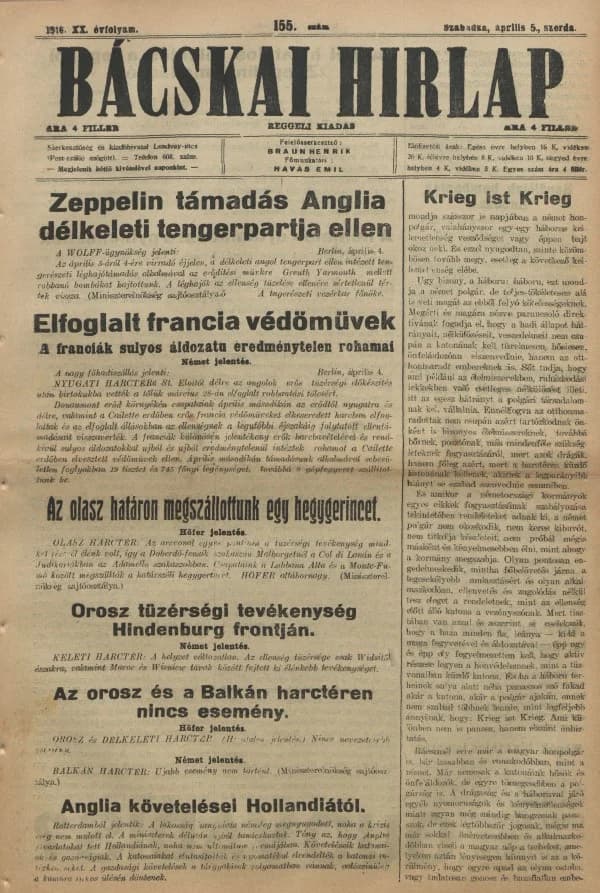 Bácskai Hirlap, 20. évf. 1916. április 5. 155. sz.