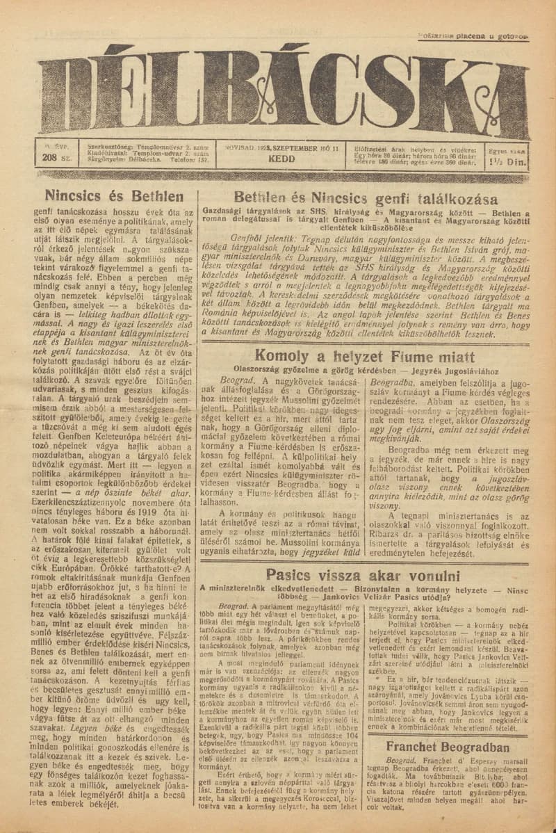 Délbácska, 4. évf. 1923. szeptember 11. 208. sz.