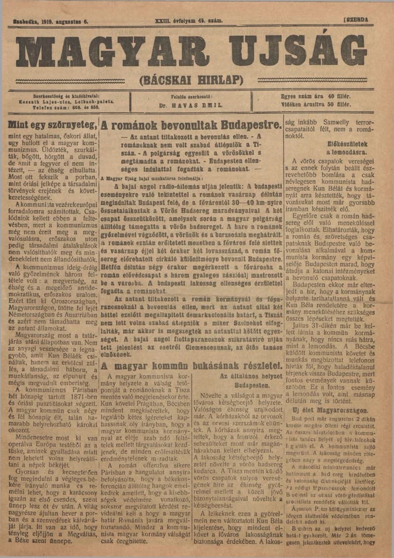 Bácskai Hirlap, 23. évf. 1919. augusztus 6. 45. sz.