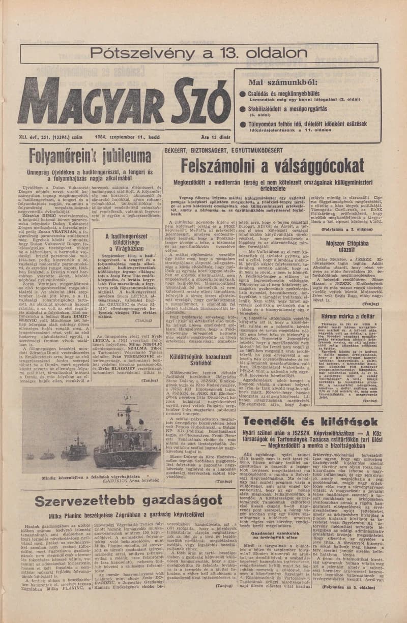 Magyar Szó, 41. évf. 1984. szeptember 11. 251. sz. 1–20. oldal