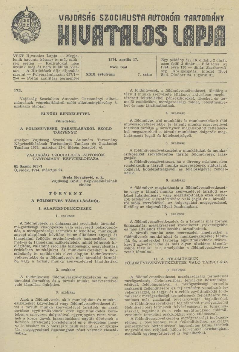 Vajdaság Szocialista Autonóm Tartomány Hivatalos Lapja, 30. évf. 1974. április 17. 7. sz. 221–252. oldal
