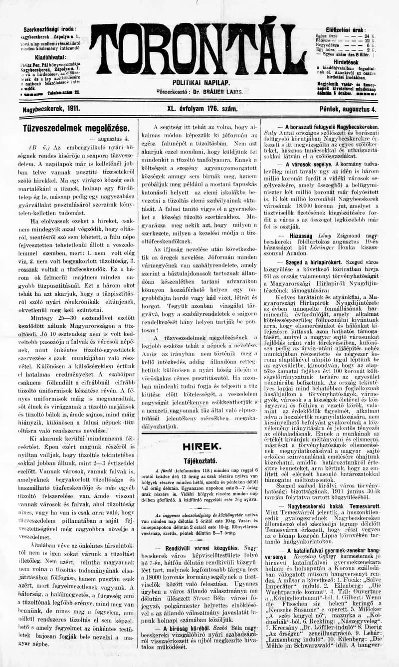 Torontál, 40. évf. 1911. augusztus 4. 176. sz.
