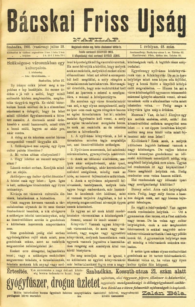 Bácskai Friss Ujság, 1. évf. 1901. július 28. 48. sz.