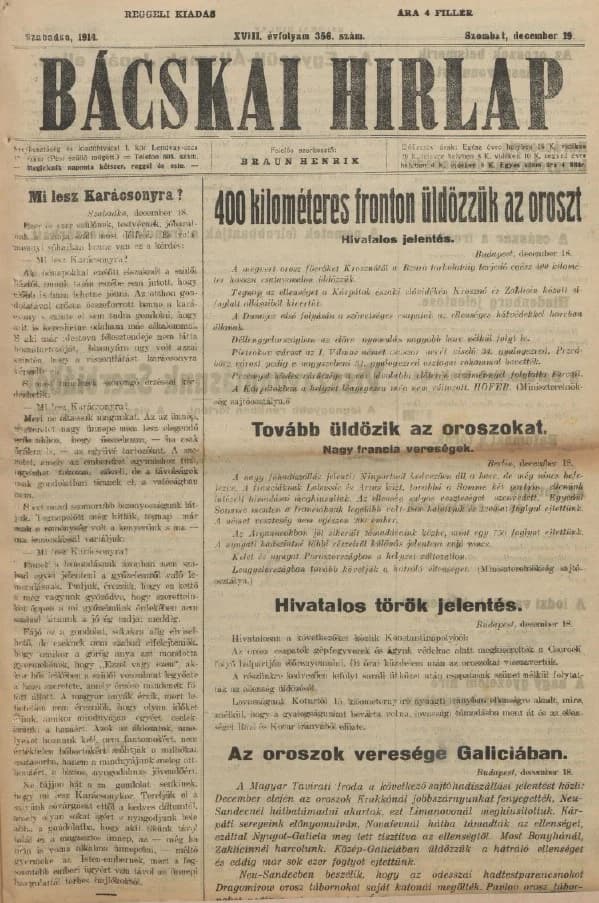 Bácskai Hirlap, 18. évf. 1914. december 19. 356. sz.
