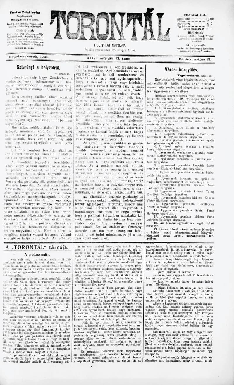 Torontál, 37. évf. 1908. május 15. 112. sz.