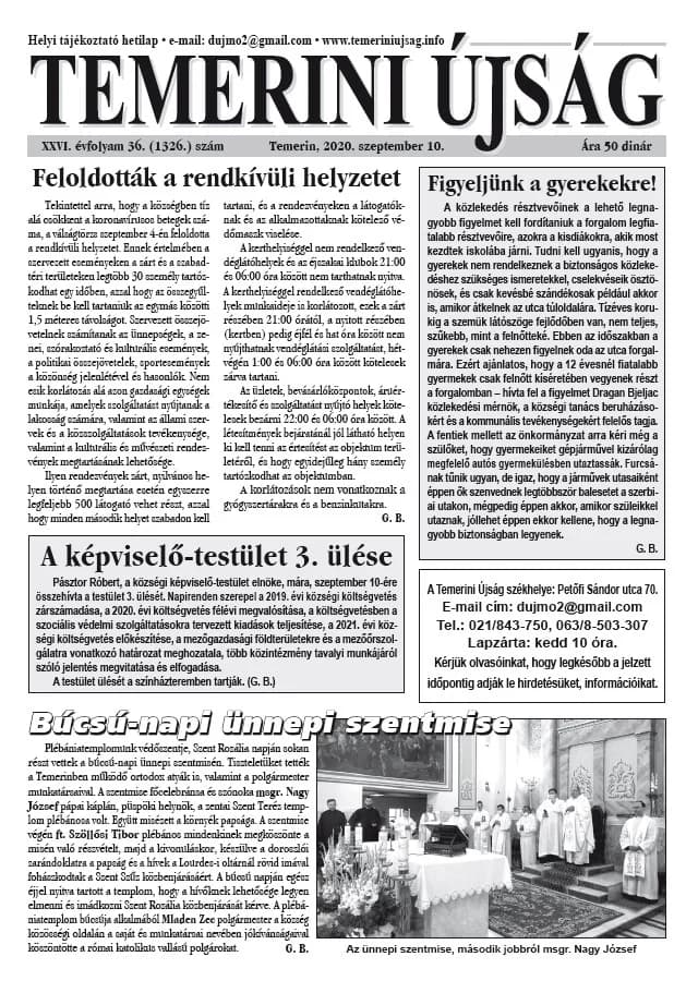 Temerini Újság, 26. évf. 2020. szeptember 10. 36. sz.