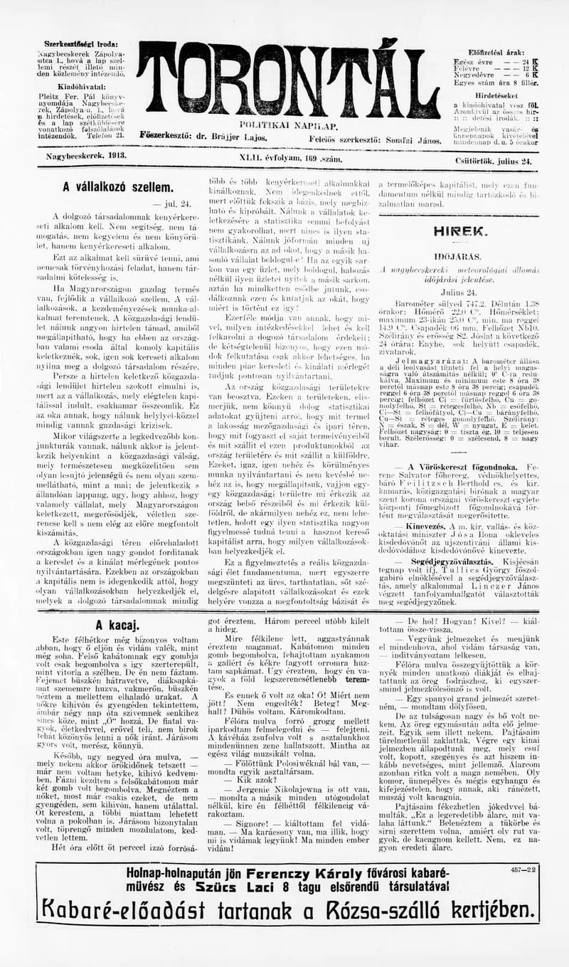 Torontál, 42. évf. 1913. július 24. 169. sz.