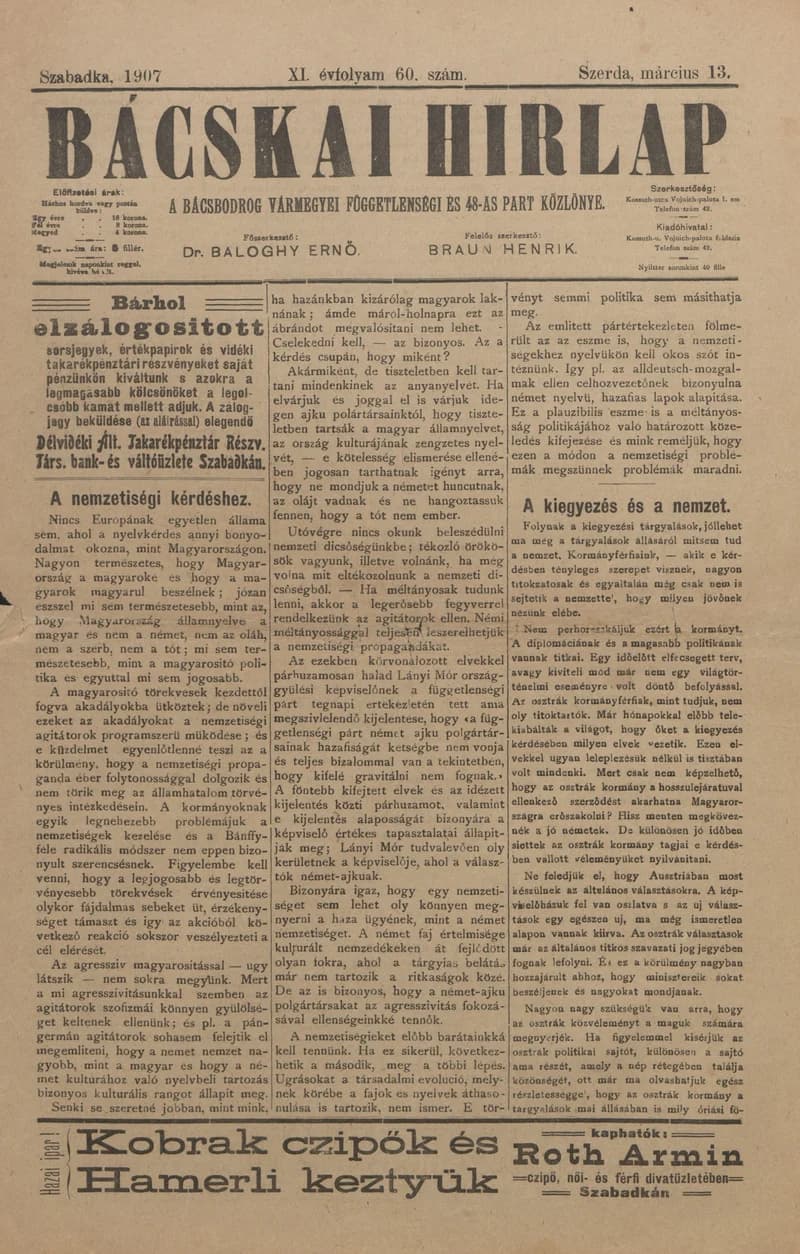Bácskai Hirlap, 11. évf. 1907. március 13. 60. sz.