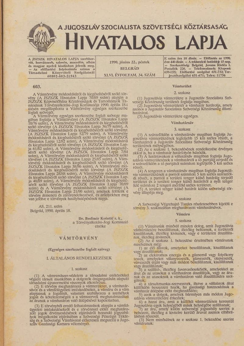 A Jugoszláv Szocialista Szövetségi Köztársaság Hivatalos Lapja, 46. évf. 1990. június 22. 34. sz. 1109–1160. oldal