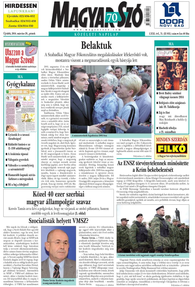 Magyar Szó, 71. évf. 2014. március 28. 71. sz. 1–16. oldal